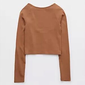 Aerie Ballet Long Sleeve Low Open Back Soft Horizon Brown Shirt Top, Medium